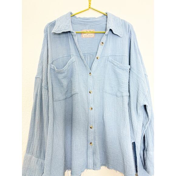 Free People Cardiff Oversized Top Size XL Blue Waffle Knit Boho Long Sleeve - Picture 10 of 13